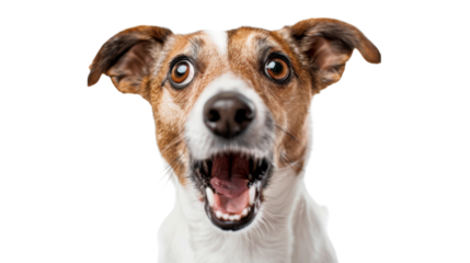Funny and excited dog on white background