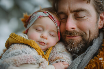 Obraz premium Happy smiling man father plays with daughter or son child. Caring father hugs his baby tenderly. Father's Day or Children's Day concept