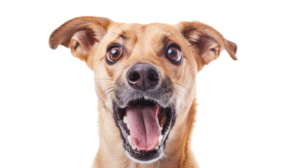 Funny and excited dog on white background