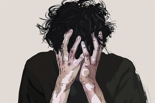 Facepalm man drawing, disappointment guy sketch, sad covering face with hands, messy hair portrait isolated