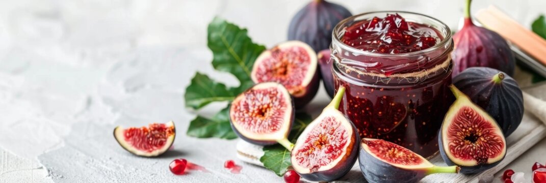 Fig jam jar, sweet ficus carica confiture, canned fig marmalade, figa jelly in glass jar, fruit spread closeup