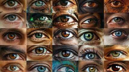 featuring a mosaic of eyes from various ethnic backgrounds, including Asian, Hispanic, Caucasian, and African descents, focusing on the uniqueness of each, collage, ethnic group