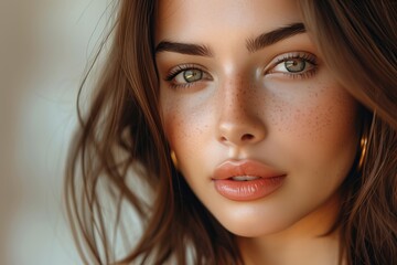Naklejka premium A woman with green eyes and brown hair is wearing makeup. She has a smile on her face