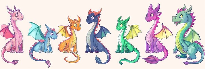 Funny dragons doodle set, cartoon dino, graphic dinosaurs isolated, monster animals