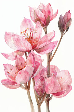 Watercolour illustration of pink bitterroot flowers, isolated on white background, painting botanical 
