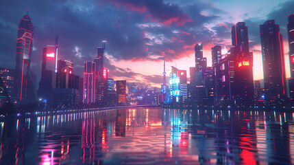 Capture a dynamic long shot build of a futuristic cityscape at dusk with sleek