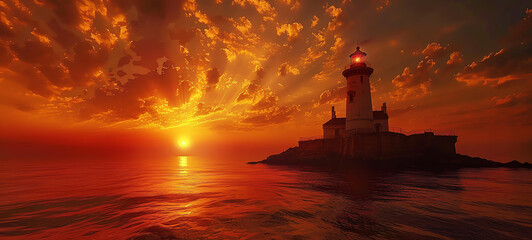 Capture a frontal view of a majestic lighthouse against a fiery sunset, accentuating the warm hues and intricate details in a photorealistic digital painting