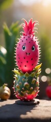 Happy animated dragonfruit with big eyes, standing on the ground