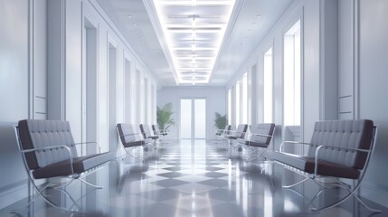 Waiting room in medical office. Modern hospital corridor with gray chairs for patients waiting for doctor visit