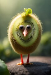 Kiwi fruit character with a bird-like appearance, complete with beak and feet, fuzzy skin