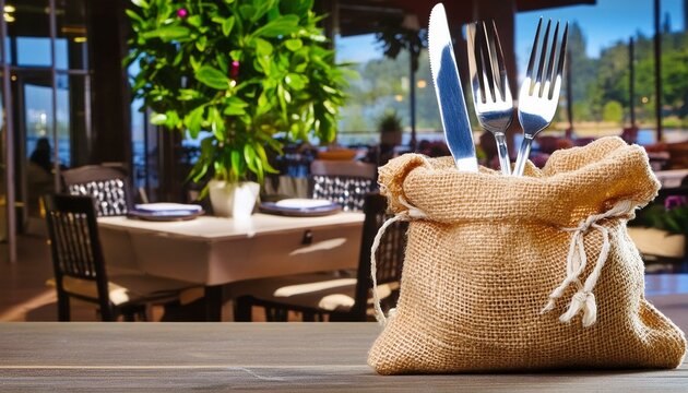 The fork and table-knife in a small jute bag for a restaurant setting at rustic style, Ai Generate