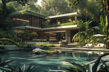 Illustrate an intricate 3D rendering of a modern villa nestled among lush greenery