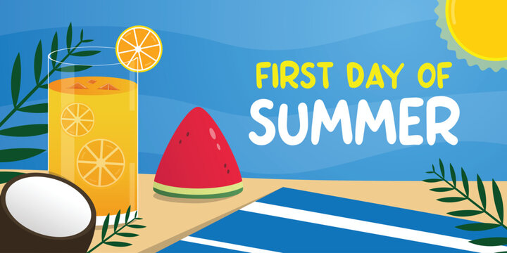 First Day Of Summer. Orange juice, watermelon, sand, sun and more. Great for cards, banners, posters, social media and more. Blue sky background.
