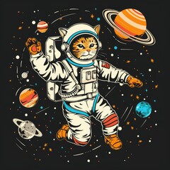 A cat wearing a spacesuit is floating in space. The cat is surrounded by planets and stars.