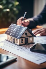 Fototapeta premium man hand holding pen and documents for audit calculating on the table and cottage house