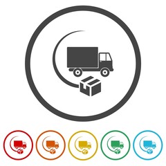 Delivery truck with box icon. Set icons in color circle buttons
