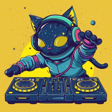 A cool cat wearing a spacesuit and headphones is mixing music on a turntable. The cat is surrounded by stars and planets.
