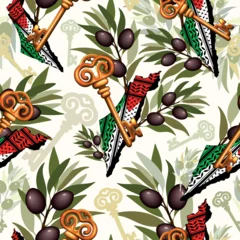 Palestinian Key, Palestine Map and Olive Tree Branches Symbols of Freedom Vector Seamless Repeat Pattern 