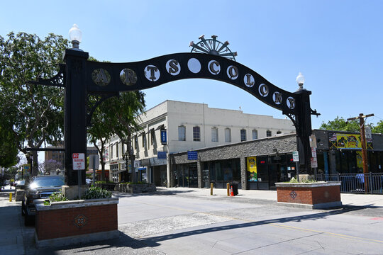 POMONA, CALIFORNIA - 18 MAY 2024: Arts Colony Arch over Second Street in historic Downtown Pomona