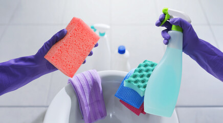 Female hands holding cleaning supplies
