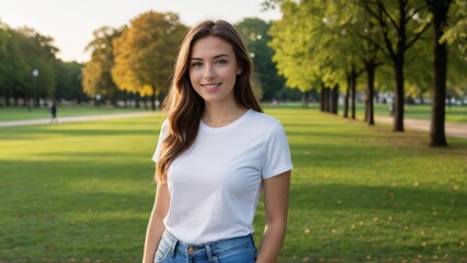 Young woman wearing white t-shirt and blue jeans standing in the park