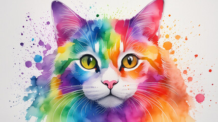 Rainbow Watercolor Painting, cat feline pet,  background texture