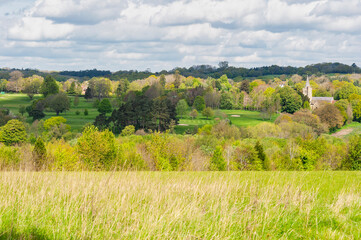 View across to St Mary's Church and the part of the golf course in Lamberhurst, Kent, England