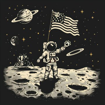 An astronaut is planting an American flag on the moon.