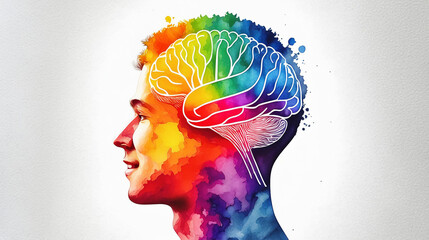 Rainbow Watercolor Painting, man with thinking brain,  background texture