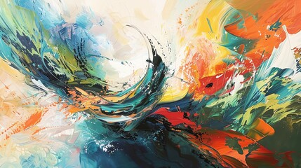 Vibrant abstract painting with dynamic brushstrokes, swirling colors, and energetic movement. Perfect for modern art enthusiasts.