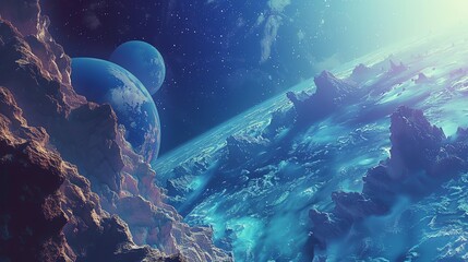 Stunning sci-fi landscape with multiple planets and rocky formations in outer space. Perfect for fantasy and astronomy themes.