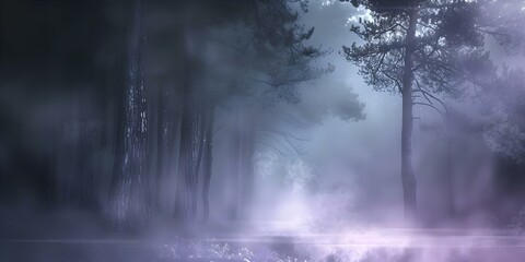 Fototapeta premium Mystical foggy forest background at night with a gentle apocalyptic atmosphere. Concept Fantasy Photoshoot, Forest Setting, Apocalyptic Theme, Nighttime Photography, Atmospheric Background