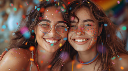 Fototapeta premium A close-up shot of two joyful asian women embracing each other tenderly, surrounded by rainbow-colored confetti, as they celebrate their love and commitment during Pride month