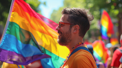 A vibrant and inclusive Pride parade filling the streets with colorful floats, banners, and enthusiastic participants waving rainbow flags, celebrating love, acceptance, and diversity.