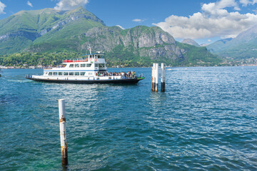 Ferry arriving in Bellagio on Lake Como Italy