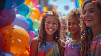 A heartwarming image of a family with LGBTQ+ parents and their children, laughing and playing together in a city park decorated with rainbow flags and balloons, celebrating their unique bond and the s