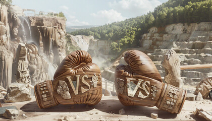Polished wood and engraved stone boxing gloves, with "VS" letters reflecting natural and sculpted elements, set against a backdrop of an ancient forest and a stone quarry.