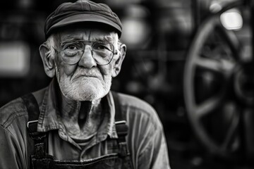 Obraz premium Black and white portrait of an old man with glasses and cap, with a blurred workshop backdrop