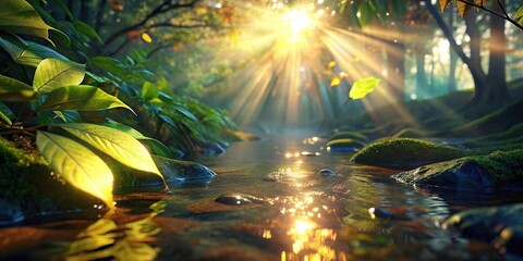 Close up shot of sunlight streaming through leaves and creating a beautiful light leak effect on the surface of a clear stream
