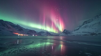 Naklejka premium Stunning northern lights over frozen landscape reflecting in serene icy waters