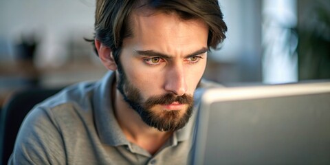Close-up of a person with a concentrated expression while engaging in chat on a computer 
