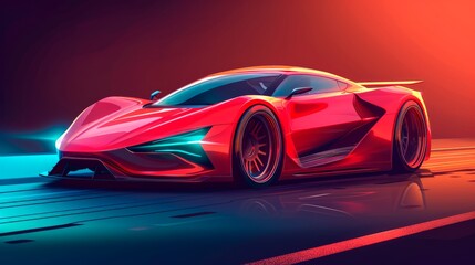 Futuristic electric sports car in bright red color on a dark background with dynamic glow lines 
