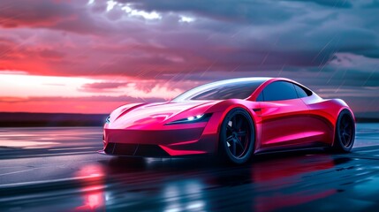 Futuristic electric sports car in bright red color on a dark background with dynamic glow lines 
