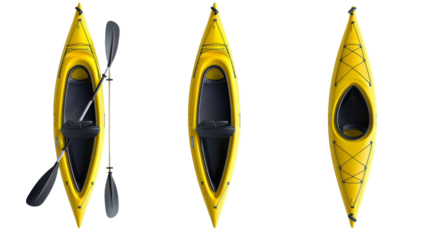 Three vertical views of yellow rad crossover kayak with paddle on white background 