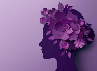 Graceful purple papercut of a woman's head with flowers.