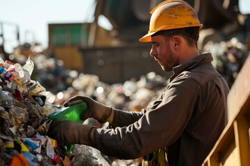 Focused worker in protective gear handpicks recyclables at a landfill site, contributing to environmental sustainability