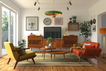 Mid-century modern living room interior with retro furniture and decoration