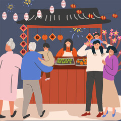 Chinese New Year, celebration, festival. Chinatown street market, stalls, lanterns, family, outdoor Chinese celebration. The characters of the people. Vector illustration hand drawing.
