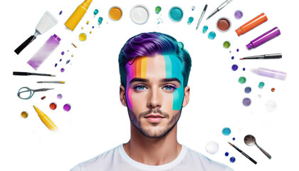 rainbow style hyperbole poster teal stylized make man purple light color created photorealistic simplifiedhair woman colours fashion girl coiffure make-up model salon high-coloured face portrait