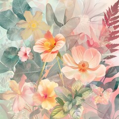 a composition of Flowers,Leaves,Nature,pastel colors
